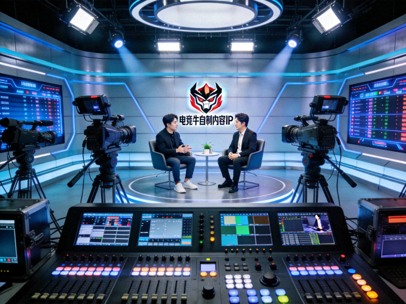 电竞牛自制内容IP演播厅，摄像机阵列和导播台正在录制赛后访谈节目