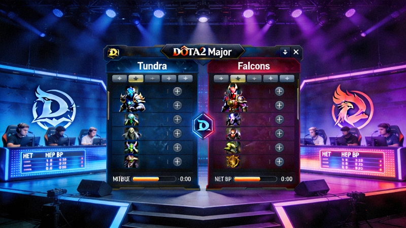 DOTA2 Major锦标赛主舞台，Tundra与Falcons两支战队BP英雄选择界面的正面对决
