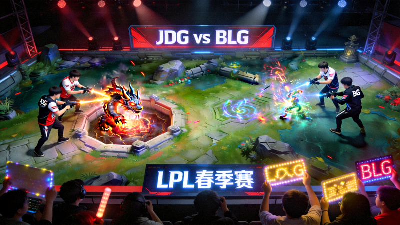 英雄联盟LPL春季赛现场，JDG与BLG战队在召唤师峡谷地图上争夺大龙的关键团战瞬间